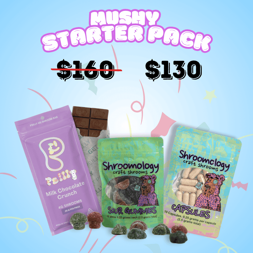 Mushy Starter Pack – (1 Chocolate Bar – 1 Gummy Pack – 1 Shroomology Capsule Pack)